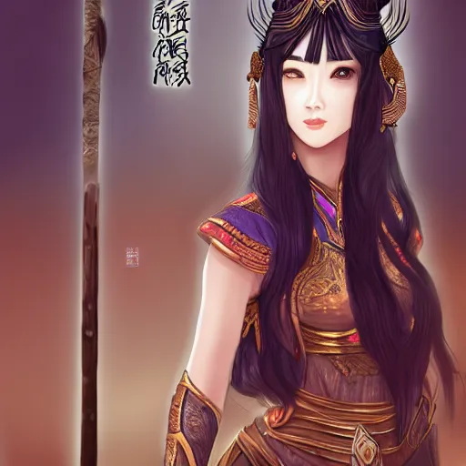 Image similar to ancient asian dynasty princess, three kingdom, dynasty warriors, cute face, standing in an oasis in the desert, comics, beautiful, elegant, headshot, long black hair, digital painting, smooth, concept art