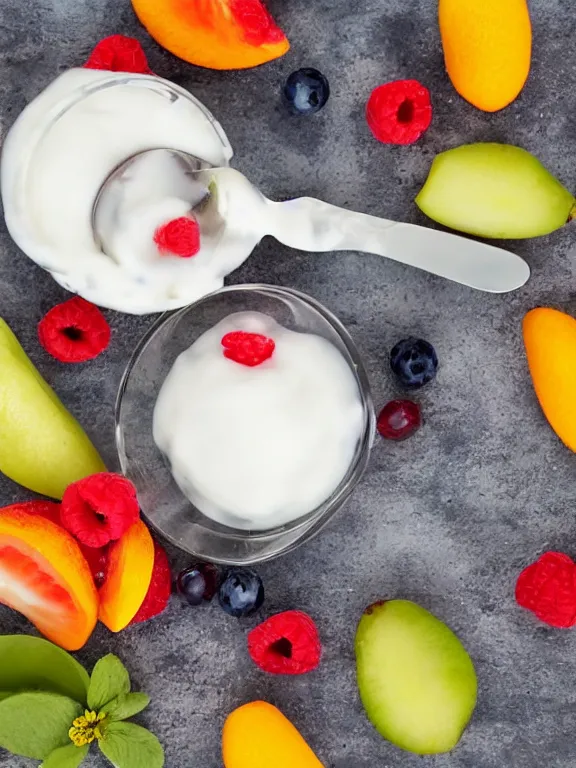 Prompt: miniature diorama of yogurt with spoon with fruits colorful