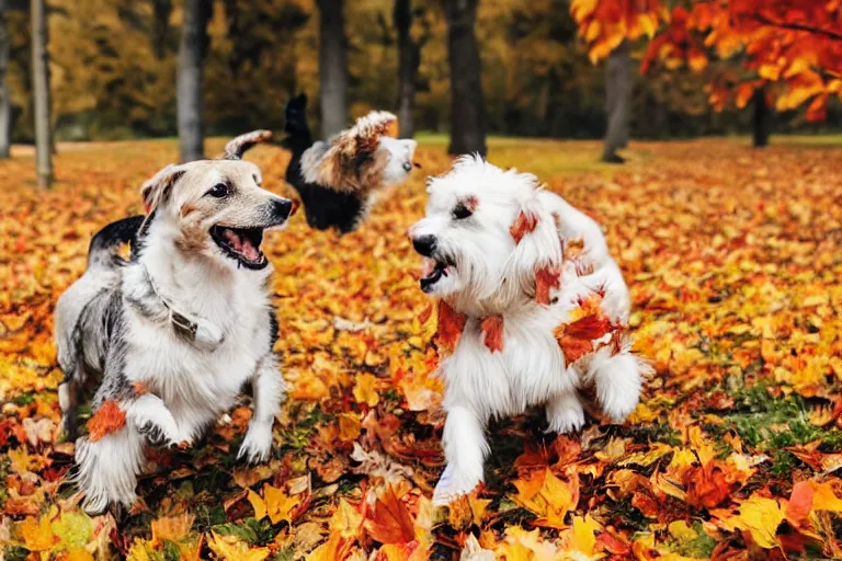 Prompt: dogs playing in autumn leaves