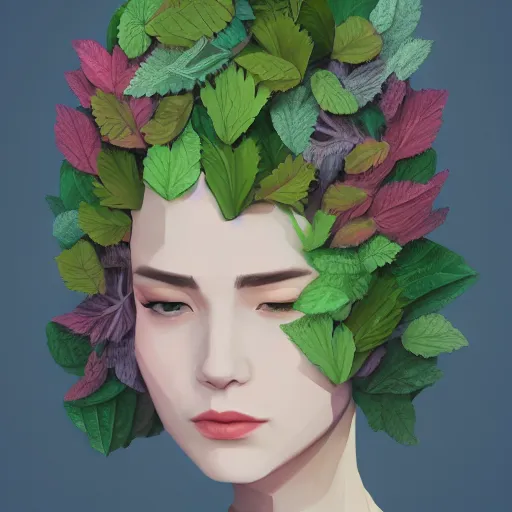 Prompt: face portrait of a polygon art, plants on head, inspired by lois van baarle, cinematic, 8 k