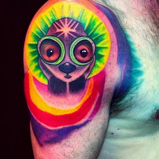 Image similar to shoulder tattoo of a cute bush baby with trippy rainbow spiral eyes and glowing multicolored chakra symbols, meditative, insanely integrate