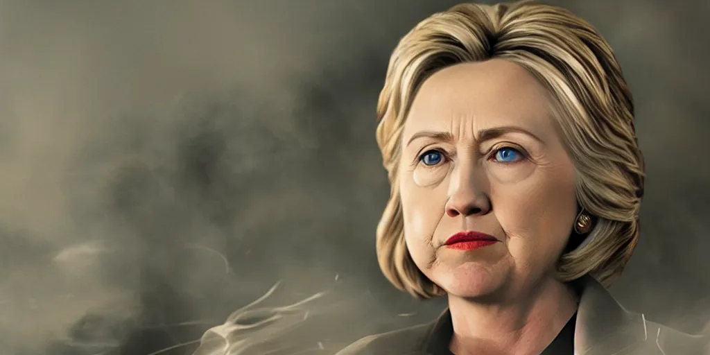 Image similar to movie still of hilary clinton as a war criminal, focused shot, realistic, smoke, fire, octane render