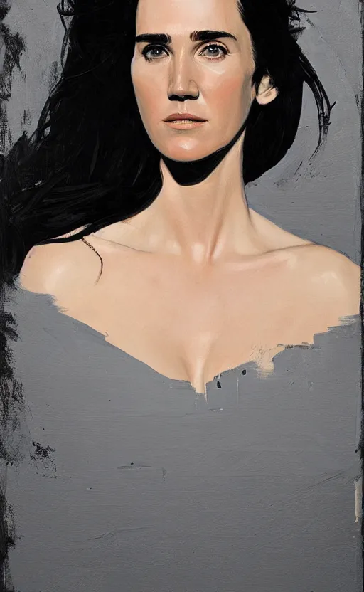 Image similar to detailed artwork by phil noto ; jennifer connelly ; brush texture ; asymmetric composition ; gallery painting by phil noto, by phil noto.