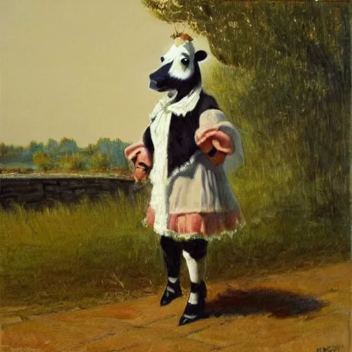 Image similar to painting by zorn, cow, dressed, anthropomorphic!!, wearing!!! clothes!!!, standing next to royal castle!!!