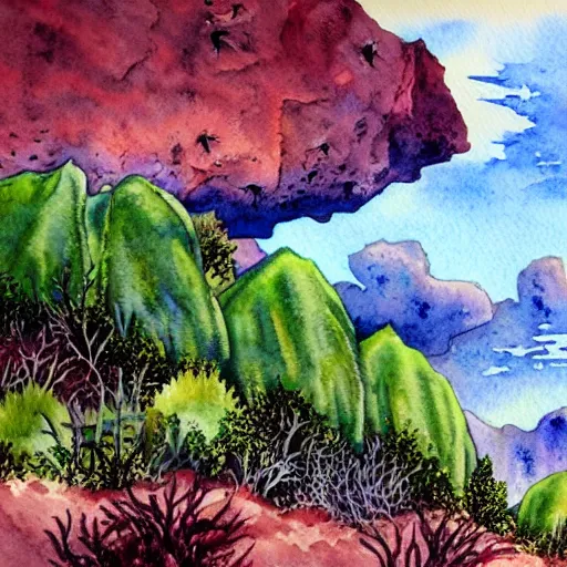 Prompt: detailed watercolor of a lush natural scene on an alien planet by stephen quiller. beautiful landscape. weird colourful vegetation. cliffs and water.