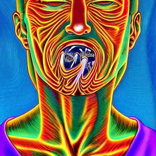 Prompt: Sneeze in the art style of Alex Grey,