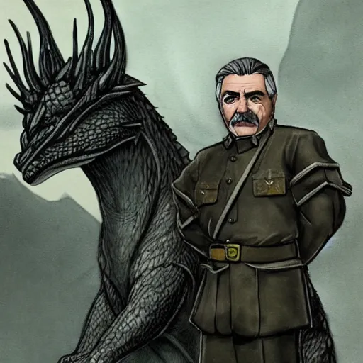 Image similar to Joseph Stalin friendship with dragon from Skyrim,