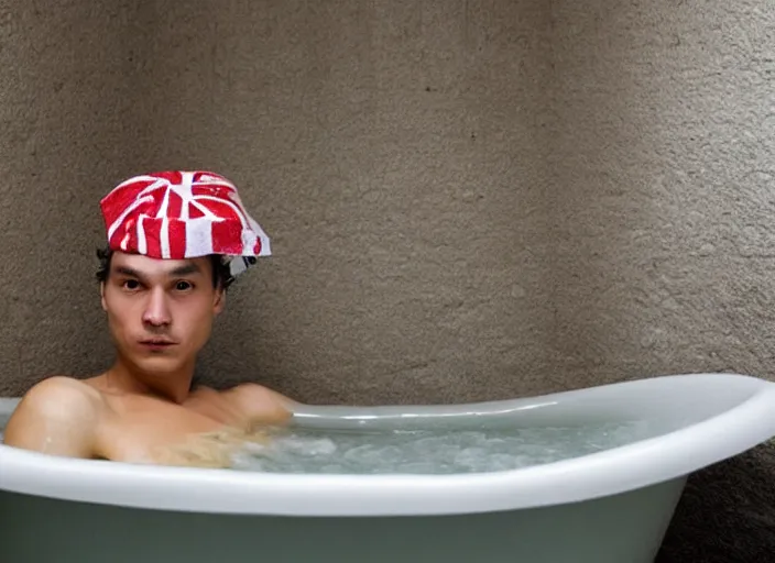 Image similar to frank dillane taking a bubble bath in an old clawfoot bathtub, bubbles!!, shy, awkward, cute, shower cap, rubber ducky, union jack towel, detailed, masterpiece