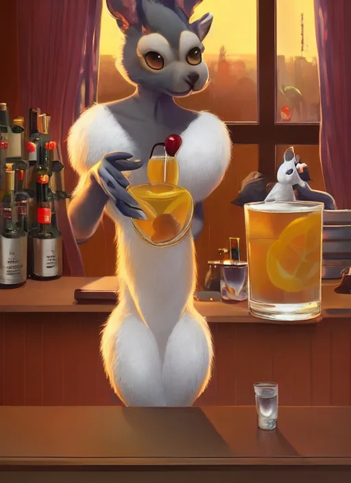 Prompt: squirrel anthro as a dapper bartender with an enormous fluffy tail, retro futurism, art deco, detailed painterly digital art by WLOP and Cory Loftis, 🐿🍸🍋, furaffinity, trending on artstation