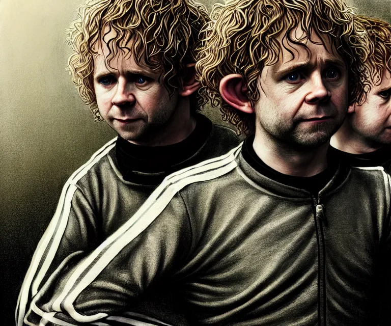 Image similar to a detailed fifty mm portrait of dominic monaghan and billy boyd as hobbits in black adidas track suits with white stripes, headshot, highly detailed, digital painting, artstation, concept art, sharp focus, cinematic lighting, illustration, art by met mangindaan, artgerm and greg rutkowski, alphonse mucha, cgsociety