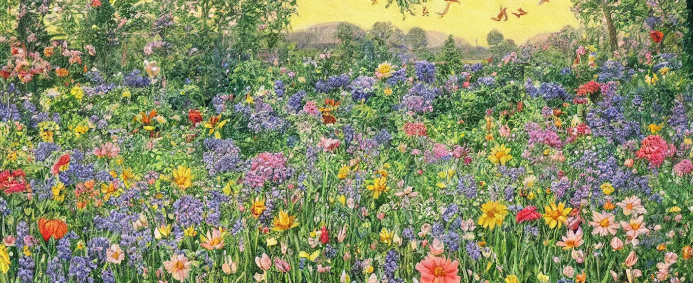 Image similar to painting by christiane kubrick of a whimsical spring garden filled with sunlight ultra detailed