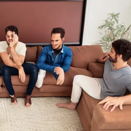 Image similar to three friends sitting on brown couch watching tv with themselves on screen ultra realistic