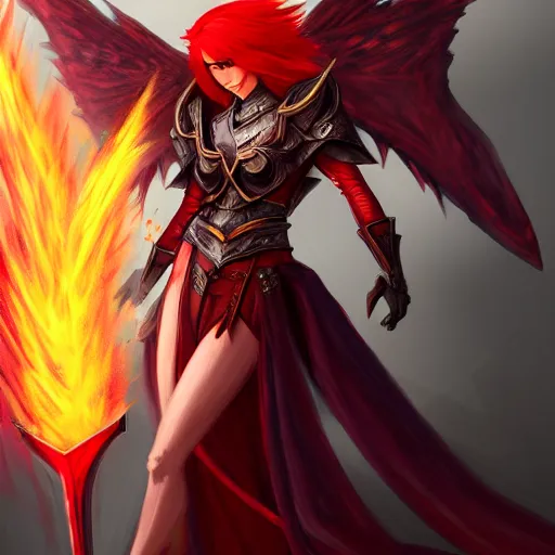 Image similar to fantasy concept art, winged! red hair woman!! flaming sword!!! ( ( ( plate armor ) ) ) ( ( ( ( devilish smile ) ) ) ), 4 k, painting