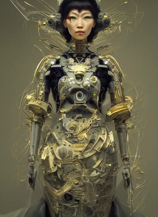 Image similar to portrait of a futuristic geisha cyborg, kintsugi, modern fine art, fractal, intricate, elegant, highly detailed, digital photography, subsurface scattering, by jheronimus bosch and greg rutkowski,