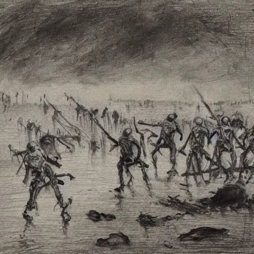 Image similar to an army of skeletons rising from a river by alfred stevens, charcoal