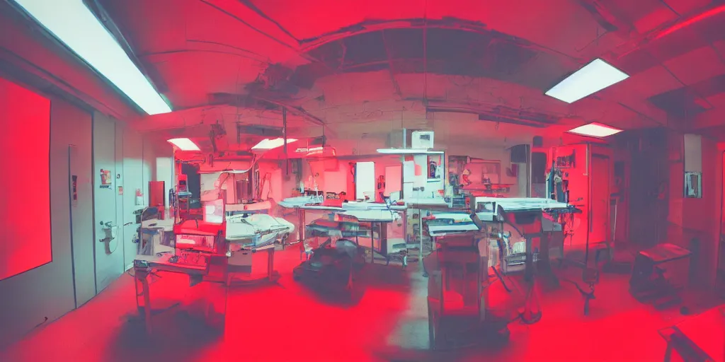 Prompt: noisy color photograph of a retrofuturist liminal space, laboratory, red lights, minimalist, cinematic, fish eye lens, soft vintage glow