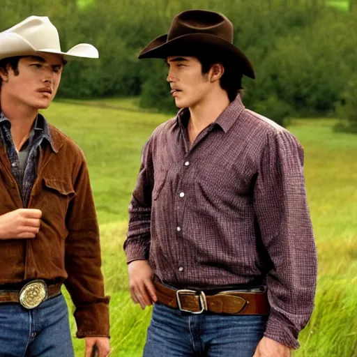 Image similar to a romantic scene from brokeback mountain starring josh hartnett as ennis del mar and heath ledger as jack twist