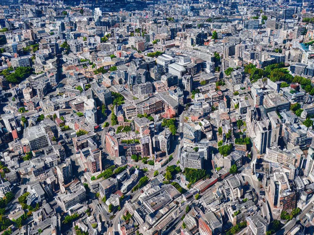 Image similar to drone view of a city with a large road down the centre, Brutalist architecture,sharp focus,telephoto lens 4k