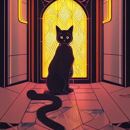 Image similar to a cat wearing a hooded cloak, in an elevator with art nouveau neon panelling, by moebius and james gurney and james jean and greg rutkowski, 8 k