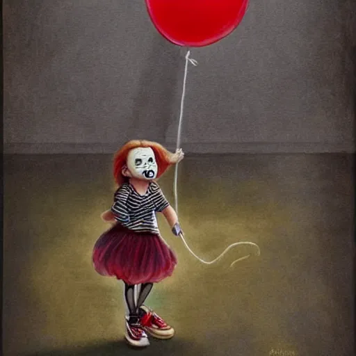 Image similar to grunge cartoon painting of a little girl playing with a jump rope with a wide smile and a red balloon by chris leib, loony toons style, pennywise style, horror theme, detailed, elegant, intricate