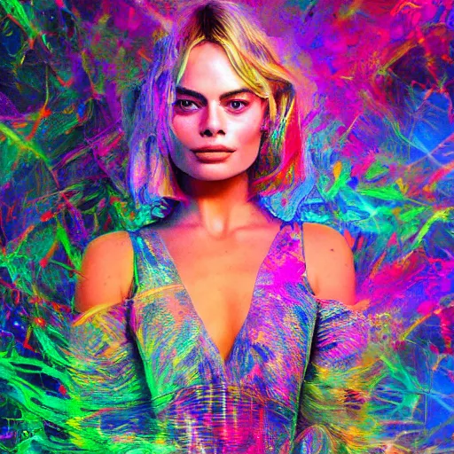 Image similar to Long Shot of psychodelic Margot Robbie in mysterious astral temple jumpin with pistol in river of chromatic SPIRITS , beautiful, dmt, trending on artstation, omnious, soft, hypermaximalistic, high details, cinematic, 8k resolution, artwork by Wong, Liam