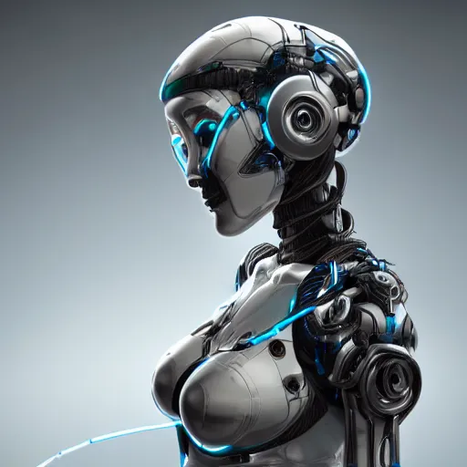 Image similar to a beautiful woman wearing robot suit with wires and light, highly detailed, photorealistic, artstation, smooth