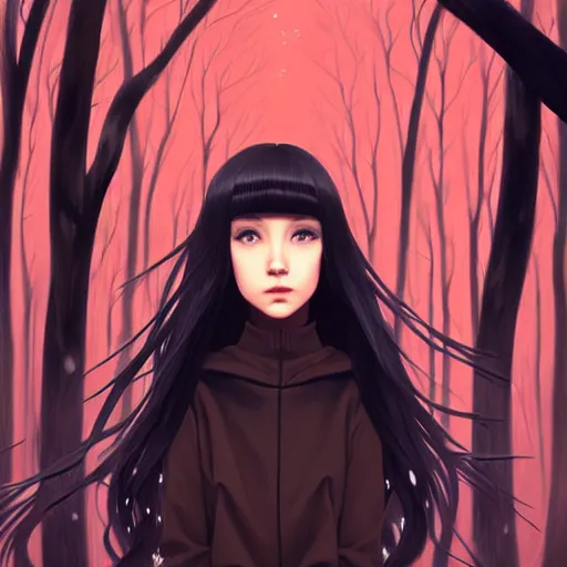 Image similar to a beautiful girl with long dark hair, wearing a black outfit, forest background, intricate, highly detailed, digital painting, artstation, official media, anime key visual, concept art, rich vivid colors, ambient lighting, sharp focus, illustration, art by Artgerm, Makoto Shinkai, Ilya Kuvshinov, Lois Van Baarle, and Rossdraws