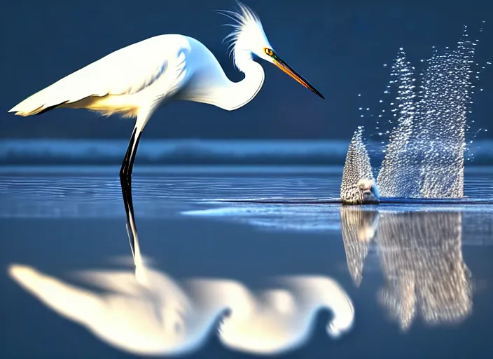 Image similar to an extremely detailed masterpiece photorealistic of a snowy egret hunting food along the shoreline with reflection, in the style of hiromi gibbs, digital art, unreal engine, volumetric lighting, dark moody lighting, epic scene