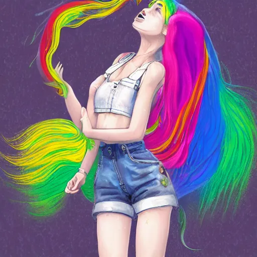 Image similar to a portrait of an beautiful grungy female with rainbow hair, dainty figure, torn overalls, short shorts, combat boots, wet tshirt, raining, made by viktor antonov, illustration, extremely detailed, beautiful,