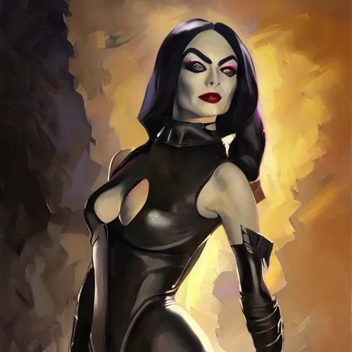 Image similar to greg manchess portrait painting of armored morticia from addams family as overwatch character, medium shot, asymmetrical, profile picture, organic painting, sunny day, matte painting, bold shapes, hard edges, street art, trending on artstation, by huang guangjian and gil elvgren and greg rutkowski