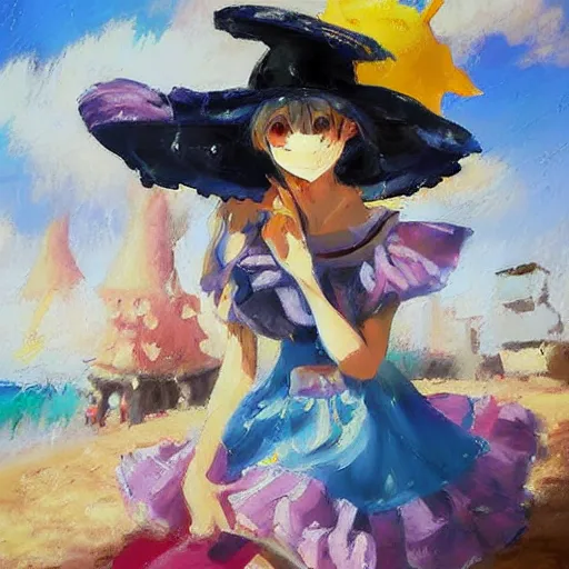 Prompt: Beautiful abstract impressionist painting of Kirisame Marisa from the Touhou project at the beach wearing a maid dress and a hat, touhou project official artwork, danbooru, oil painting by Antoine Blanchard, wide strokes, pastel colors, soft lighting sold at an auction