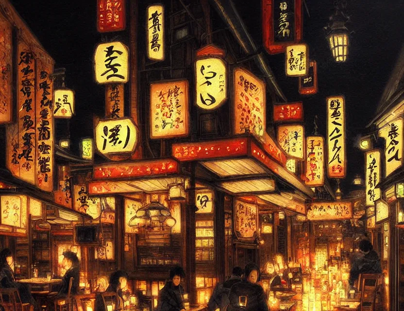 Prompt: enchanted izakaya in the night. this oil painting by the award - winning mangaka has a beautiful composition, great sense of depth, dramatic lighting and intricate details.