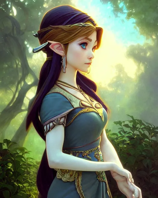 Prompt: portrait of disney zelda twilight princess, intricate, elegant, highly detailed, my rendition, digital painting, artstation, concept art, smooth, sharp focus, illustration, art by artgerm and greg rutkowski and alphonse mucha and uang guangjian and gil elvgren and sachin teng and wlop, symmetry!!