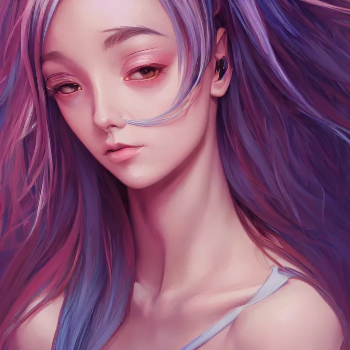 Image similar to portrait of beautiful symmetrical anime girl, rainbow hair, attractive, casual, modern, victoria's secret, highly detailed, digital painting, artstation, concept art, smooth, sharp focus, illustration, art by artgerm, greg rutkowski and alphonse mucha, 8 k,