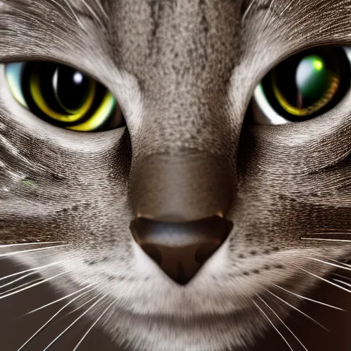 Prompt: A 3d render of a cat with metallic silver fur, hyperrealistic, bokeh, 8K