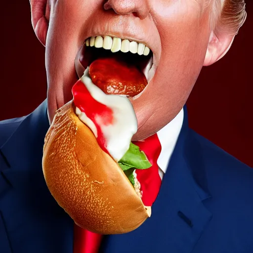 Prompt: macro photo still of donald trump! licking! a burger with his! tongue! out, mmmmm, studio portrait photo, studio lighting, rim light, key light, food photography, 3 5 mm f 1. 8