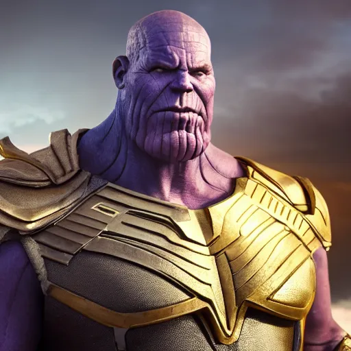 Prompt: bob odenkrik wearing thanos armour, cinematic lighting, hd 4k photo