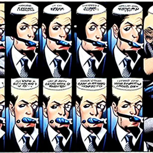 Image similar to drawing gotham city's finest investigative reporter jack ryder with 1 4 tiny jokers all in his mouth, 4 k art by brian bolland, graphic novel art