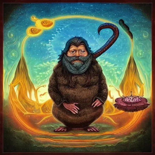 Prompt: A prog rock album cover of a long bearded wizard frog casting a spell