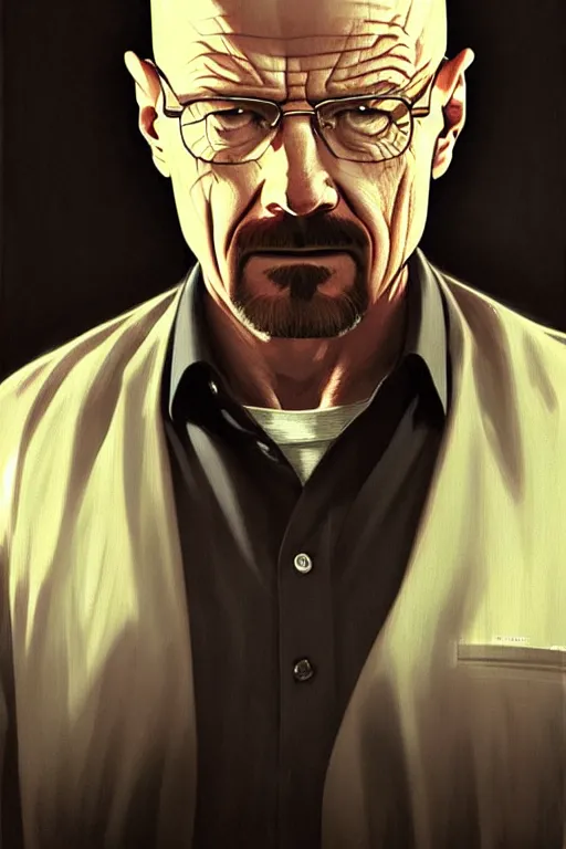 Image similar to walter white on the sopranos tv show, perfect-full-shot, intricate, elegant, highly detailed, digital painting, artstation, concept art, smooth, sharp focus, illustration, art by artgerm and greg rutkowski and alphonse mucha