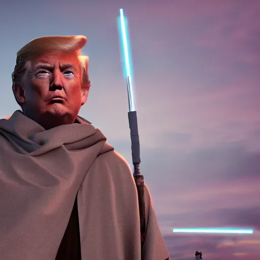 Prompt: Donald Trump as a jedi, post-apocalyptic, capitol hill, wlop, trending on artstation, octane render, 4k, HDRI, cinematic