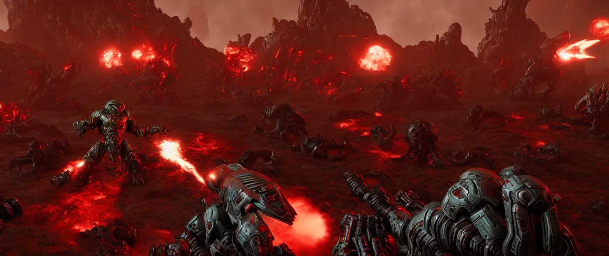 Prompt: doom slayer defeating hordes of demons and creatures on Urdak, wide shot, high detail, photorealistic, “doom eternal”, unreal engine