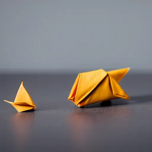 Image similar to close up photo of a small origami obese man, cinematic, shallow dof, 3 5 mm, 4 k, macro