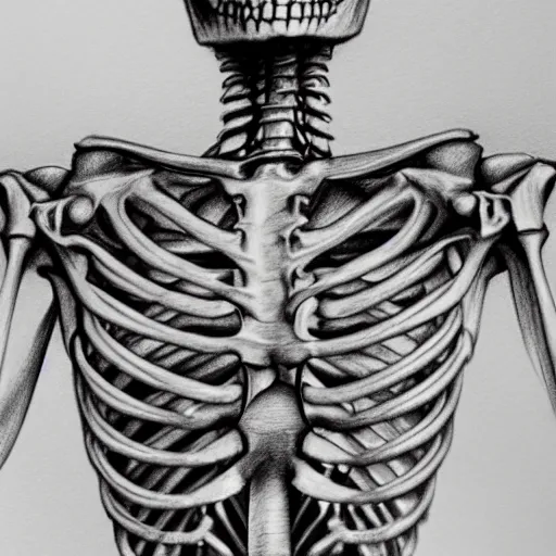 Image similar to a very detailed pencil drawing of an anatomically correct skeleton and muscular structure 4 k, high resolution, still, landscape, hd, dslr, hyper realistic, sketch