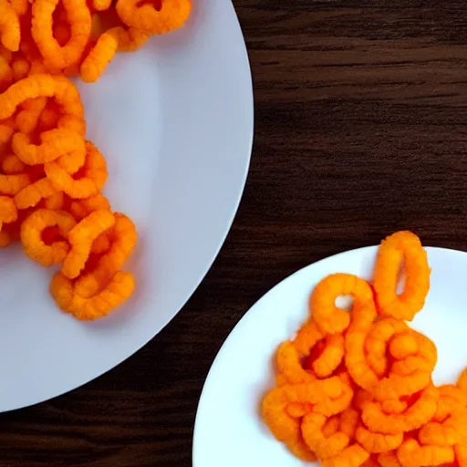 Image similar to a single Cheeto on a white plate