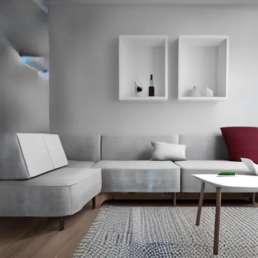 Image similar to modern interior in scandinavian style, white walls, wood table, sofa, carpet, 3 d render, 3 dsmax