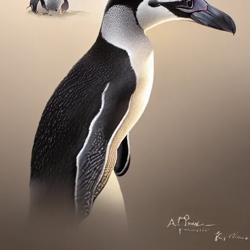 Image similar to african penguin close shot, cute, fantasy painting, concept art, global illumination, tankoban, 4 k, fantasy painting, hyper detailed, pixar animation style, 8 k, studio light, award winning, by artgerm, sylvain sarrailh, rossdraws, wlop, very beautiful