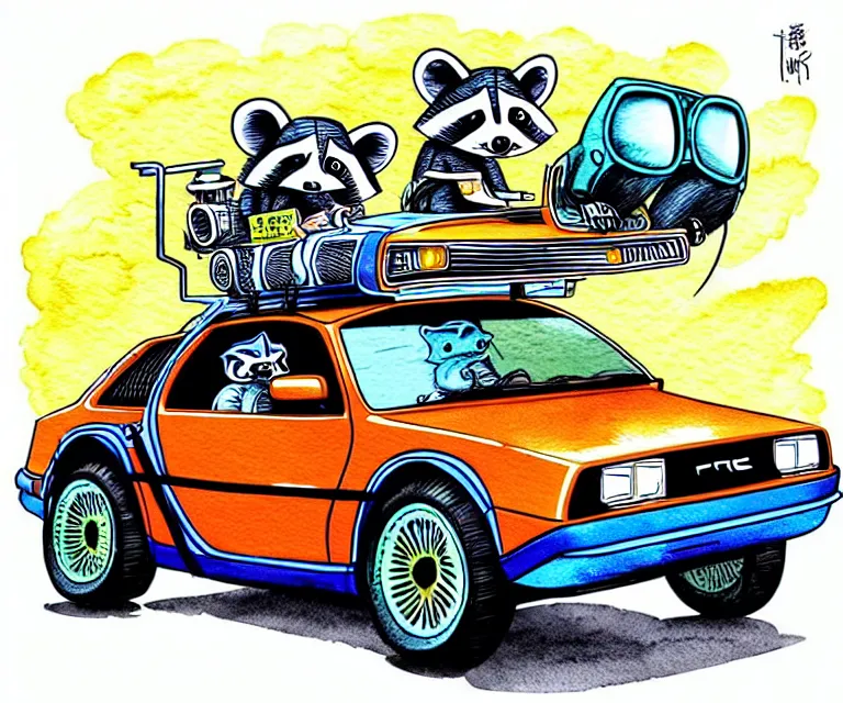 Prompt: cute and funny, racoon wearing a helmet riding in a tiny hot rod delorean with oversized engine, ratfink style by ed roth, centered award winning watercolor pen illustration, isometric illustration by chihiro iwasaki, edited by range murata