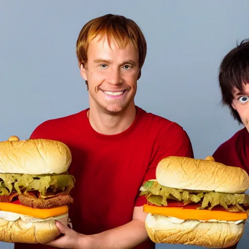 Image similar to portrait photo of scooby doo and shaggy with 2 foot high sandwiches