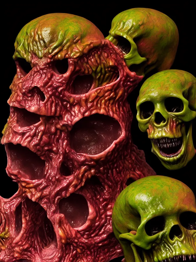 Prompt: hyperrealistic subsurface scattering rendering, fat smooth wet cronenberg flesh monster smooth skulls and ribcages kaiju by art of skinner and richard corben and jeff easley, product photography, action figure, sofubi, studio lighting, colored gels